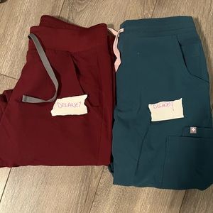 Figs $55 each. Burgundy Zamora joggers size xs/p. Caribbean blue yolas size xs